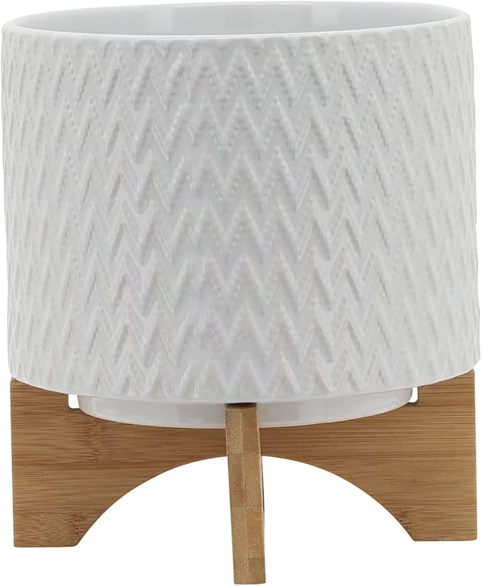8" Ceramic Planter on Wooden Bamboo Stand - Contemporary White Chevron Design for Indoor or Outdoor Plants, Succulents, Cactus