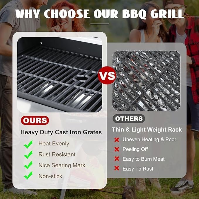 3-Burner Propane Gas Grill with Side Burner, 25,650 BTU Outdoor BBQ Grill with Stainless Steel Warming Rack, Enameled Cooking Grids, Built-in Thermometer & Foldable Side Tables with 6" Wheels