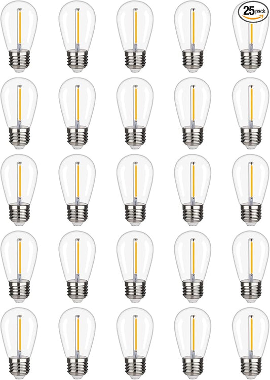 25 Pack S14 LED String Light Bulbs, 1W Shatterproof & Waterproof Outdoor Indoor Replacement Bulbs, E26 Base Edison LED Light Bulbs Warm White 2200K. (S14 25Pack)