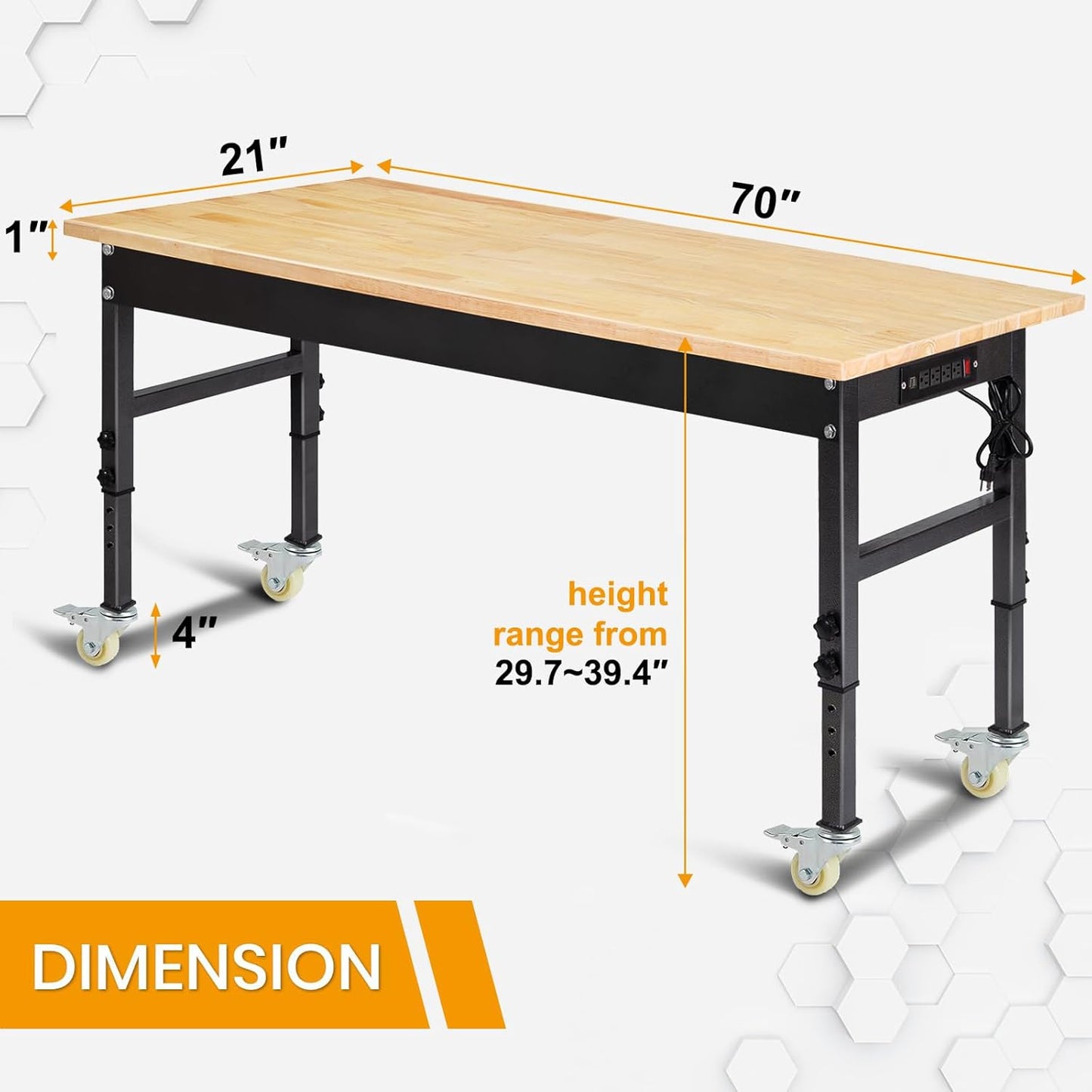 70'' Adjustable Workbench, Rubber Wood Top Work Bench Heavy-Duty Work Table with Socket, Wheels and Fixed Legs 2000 LBS Load Capacity Hardwood Sewing Table for Garage, Workshop, Home, Office