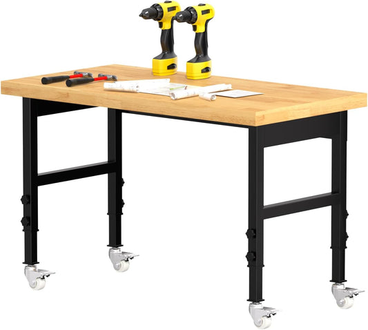 48" Work Bench, Heavy-Duty Solid Wood Workbench, Adjustable Height Work Table, 2000 LBS Capacity Workstation for Garage, Workshop, Home, Office (48" X 24")