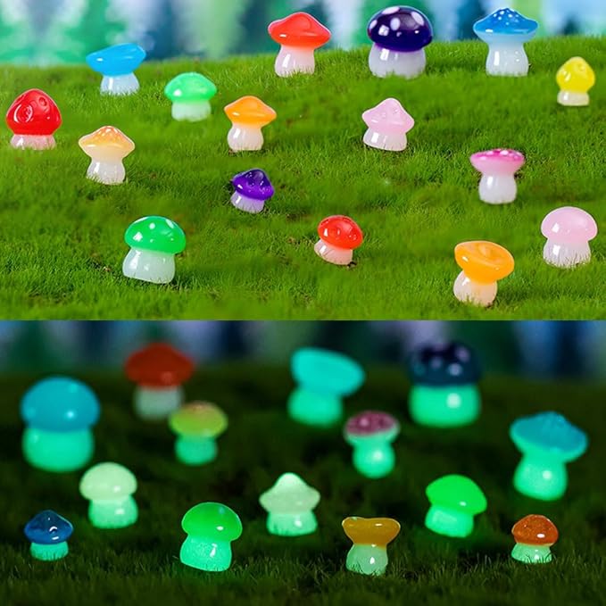 150 Pcs 18 Styles Mini Resin Luminous Mushrooms, Glow in The Dark Little Resin Mushroom for Garden Landscape Bonsai Craft Ornament