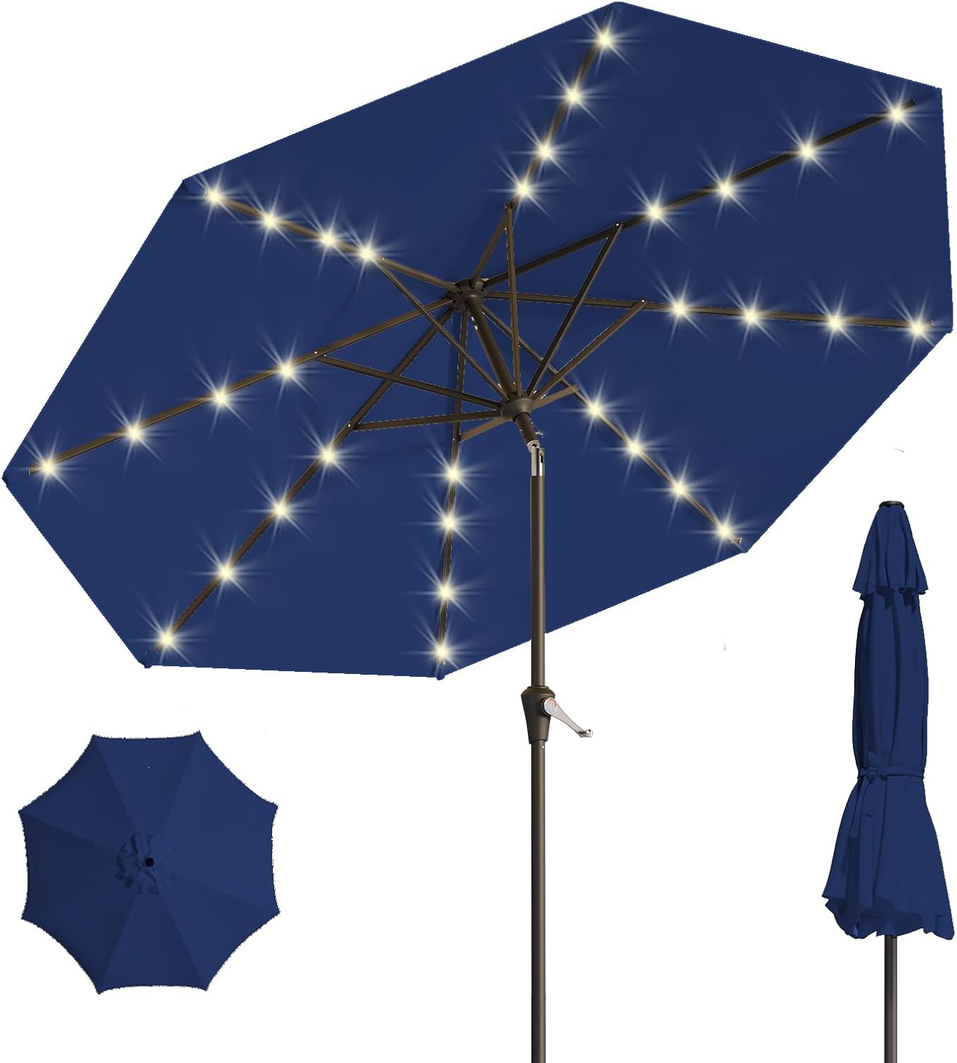 9FT Solar Umbrella 32 LED Lighted Patio Umbrella Table Market Umbrella w/Tilt and Crank, UV-Resistant Outdoor Umbrella for Pool, Garden, Deck, Navy Blue