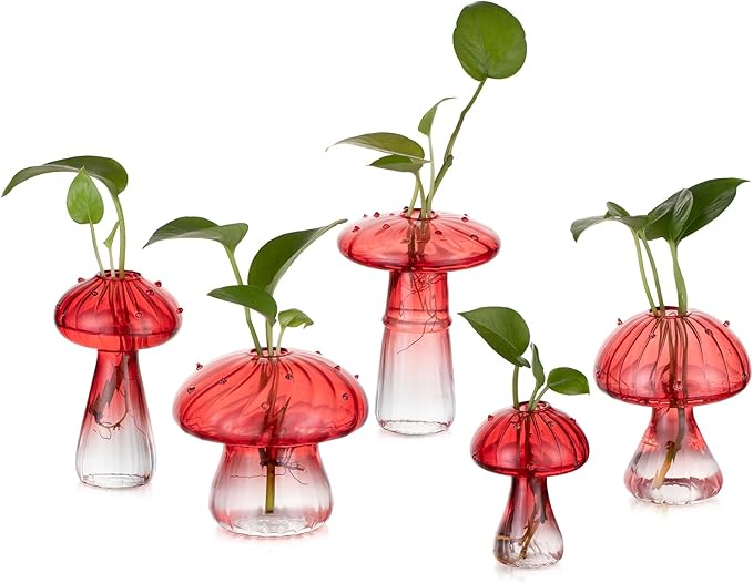 Glasseam Mushroom Plant Propagation Stations: Red Glass Terrarium Jar Set of 5 Cute Planters for Indoor Plants Decorative Propagate Station Unique Christmas Birthday Gifts for Women Home Office Decor