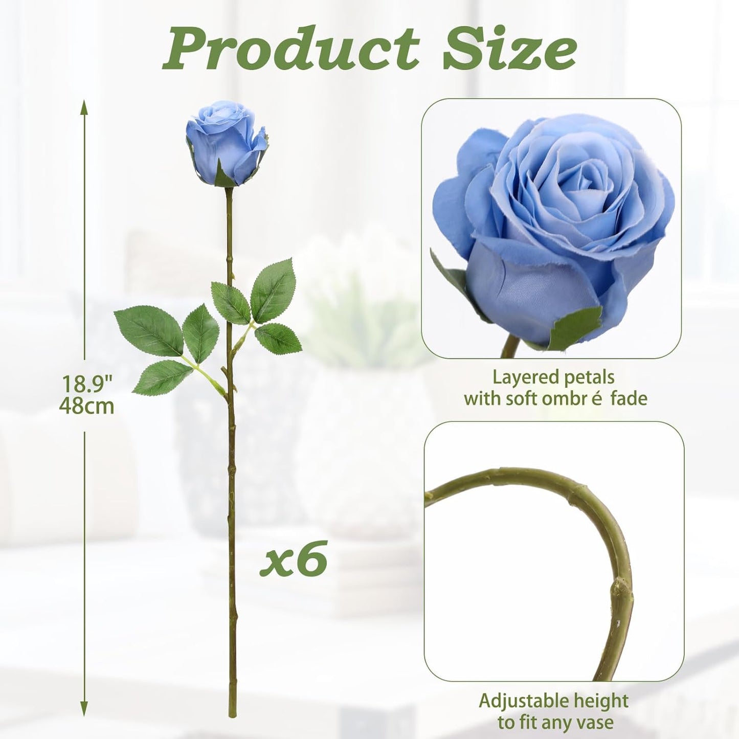Briful Blue Roses Artificial Flowers– 6PCS 18.9" Faux Rose Silk Flowers with Long Stems Realistic Fake Rose Bouquet for DIY Wedding Arrangements Table Vase Centerpieces Home Event Decor