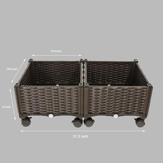 Barton 2 Pieces Rolling Garden Bed Brown Plastic w/Self-Watering Design Outdoor Elevated Planter Box Kit Wheels Mobile