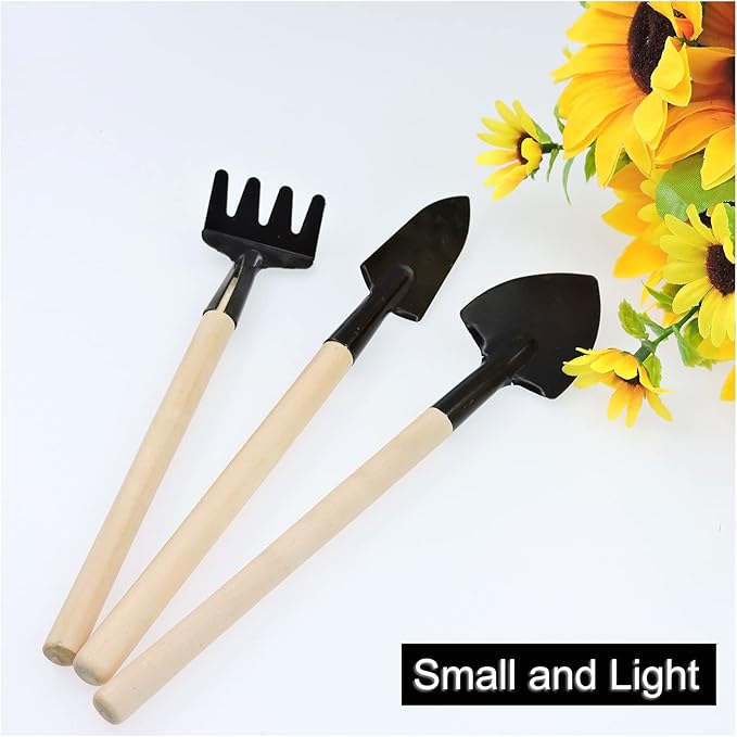 Andiker Mini Gardening Tools, 3pcs Portable Garden Hand Tools Set, Miniature Gardening Rake Trowel and Shovel for Seedlings, Bonsai, Succulents, Herbs, Terrariums and Planting (3pcs)