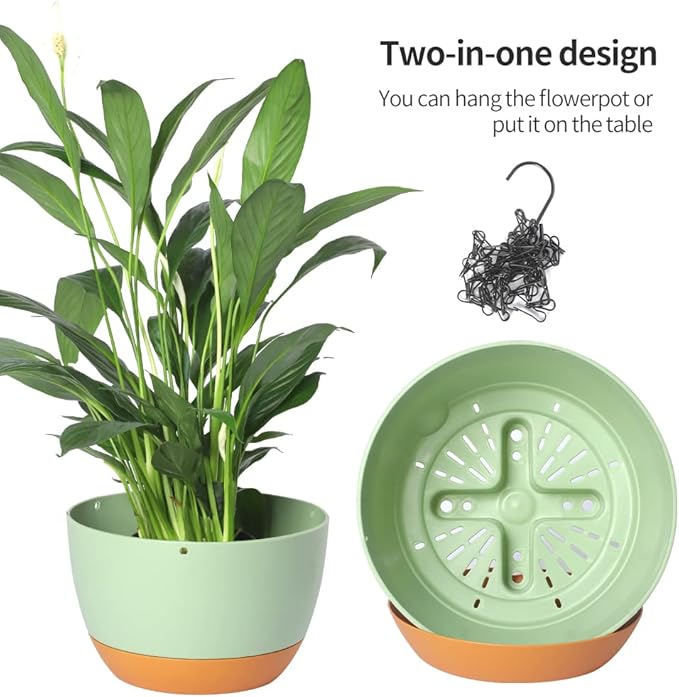 2 Pack Plastic Hanging Planters 10 Inch Hanging Pots with Drainage Hole for Indoor Outdoor Plants, Round Hanging Basket with Removable Tray for Home Garden Porch Balcony Patio Decor