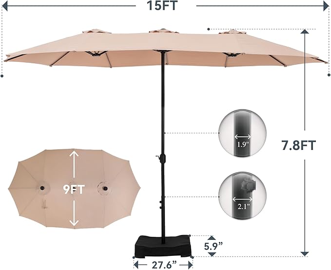 GREEN PARTY 15 ft Rectangle Patio Umbrella with Base Included, Double-Sided Table Umbrella with Crank, Large Outdoor Umbrellas for Patio Poolside Garden Backyard, Beige