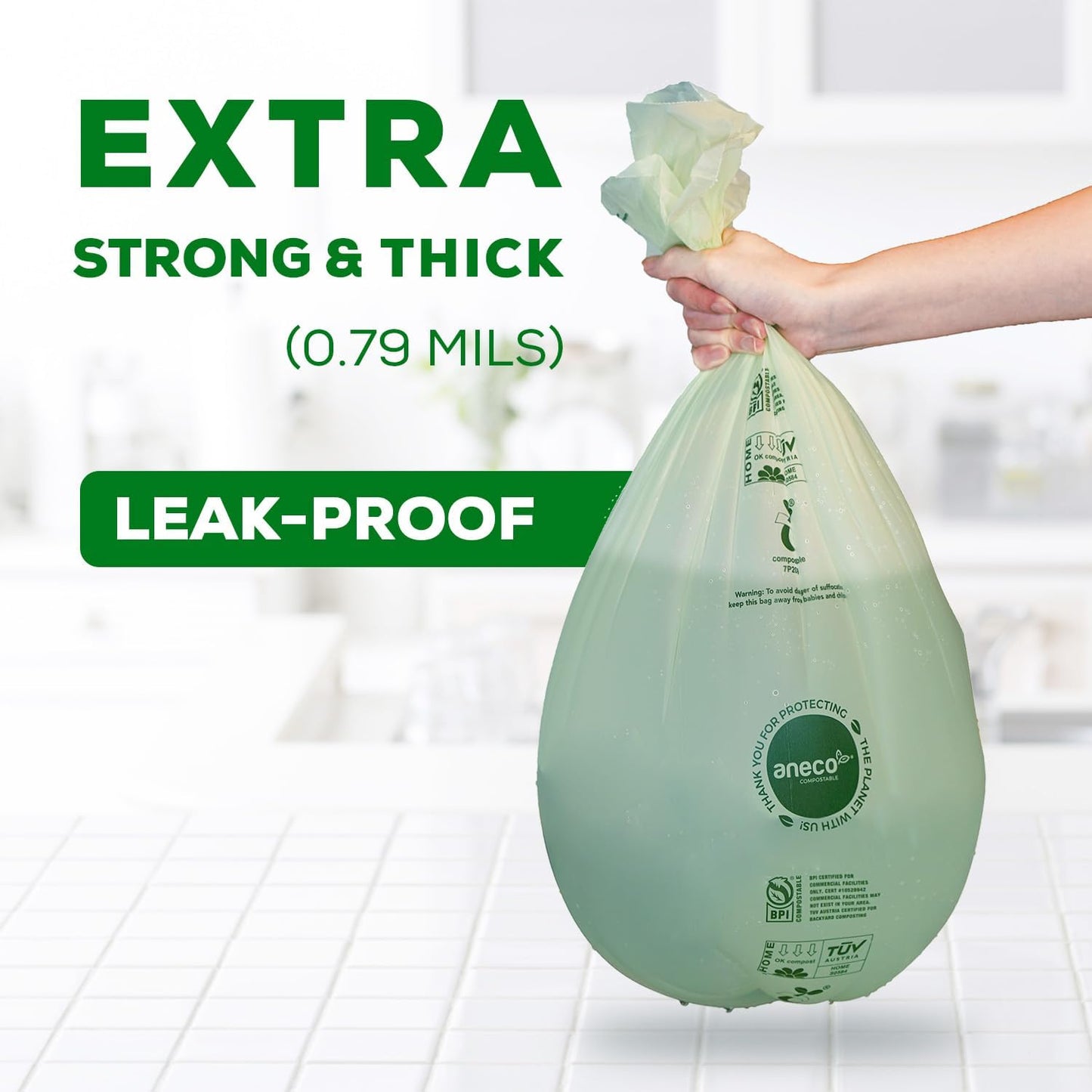 ANECO Compostable Trash Bags 4 Gallon (Flat-Top, 100 Count), Extra Strong for Medium Kitchen Garbage, OK Compost HOME & BPI Certified Compostable