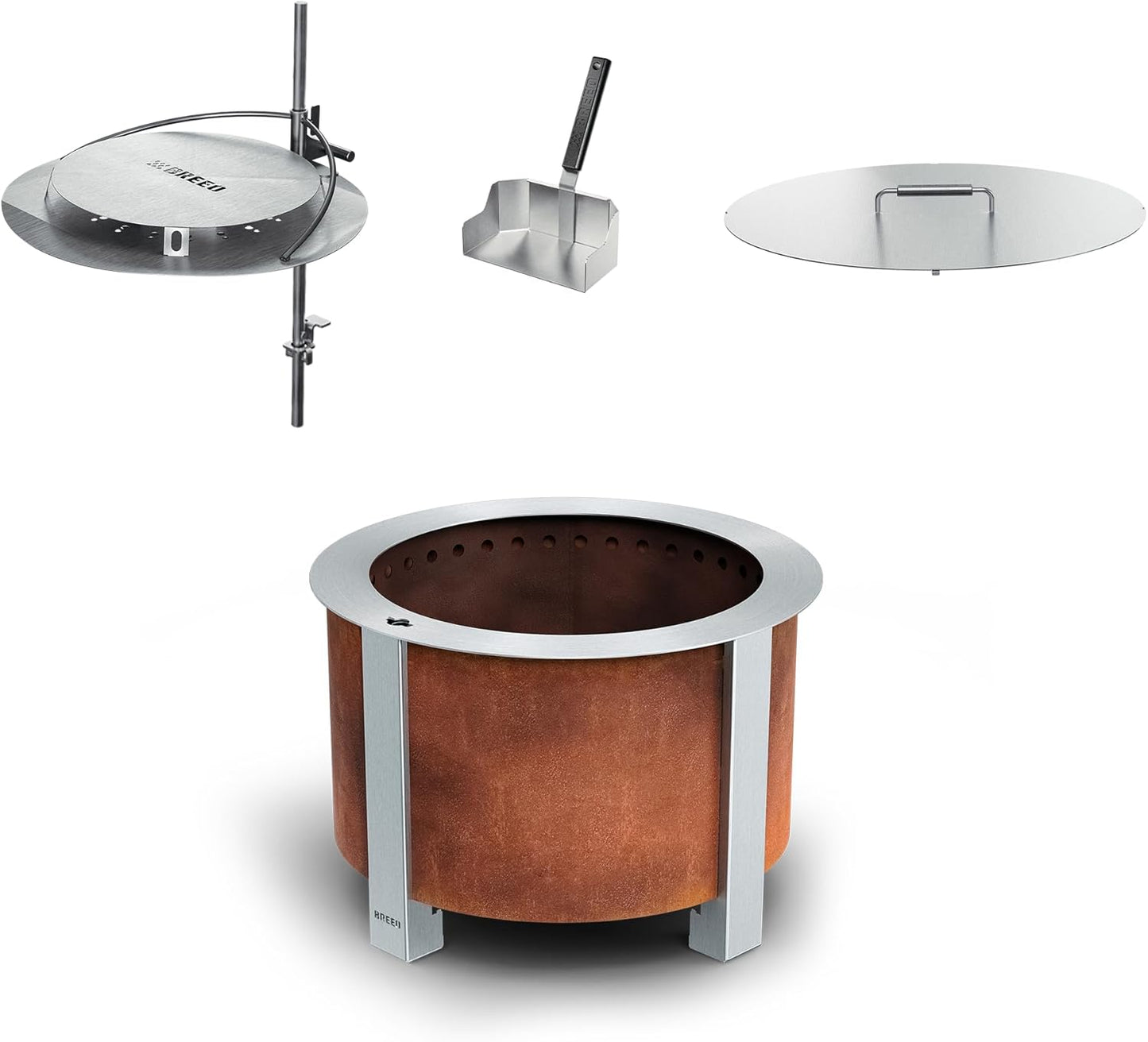 Breeo Smokeless Fire Pit Warmth Bundle (X Series 24 Corten Steel, Heat Deflector, Ash Shovel, & Lid) | 27.5 inch Smokeless Firepit for Outside | Ideal for Families