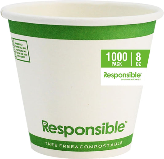8 oz Paper Hot Cups (Squat), Tree-Less™ Compostable Paper Coffee Cups, Extra Strength, Tree-Free and Made Without PFAS, White (1000 Count)