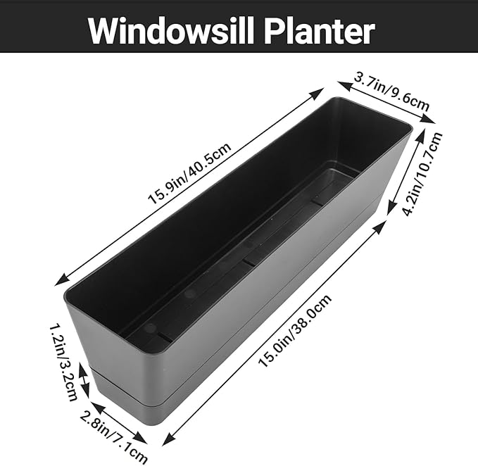 GREANER Rectangle Window Boxes, 6PCS 16x3.8 Inch Black Herb Planters with RemovableTray and Drainage Hole, Succulent Flowers Plastic Pot for Balcony, Office, Windowsill, Garden, Outdoor Decoration Use