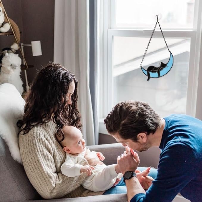 Black Cat Decor On Blue Moon Stained Glass for Window, Crystals Suncatchers for Window Ball Prism Rainbow Maker Chain Easy Hanging, 2 Balls and 1 White Gift Boxe for Cat Lovers Halloween Decor