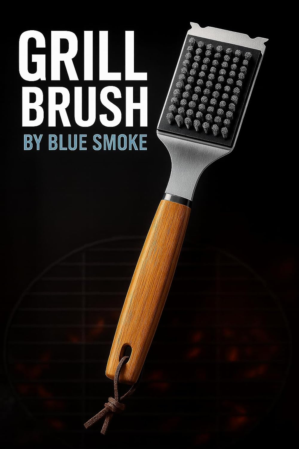 Blue Smoke Grill Brush and Scraper – Heavy Duty BBQ Cleaner with Stainless Steel Bristles, Solid Wooden Handle & Leather Strap – Barbecue Cleaning Tool for Gas, Charcoal, Smoker & Grill Grates