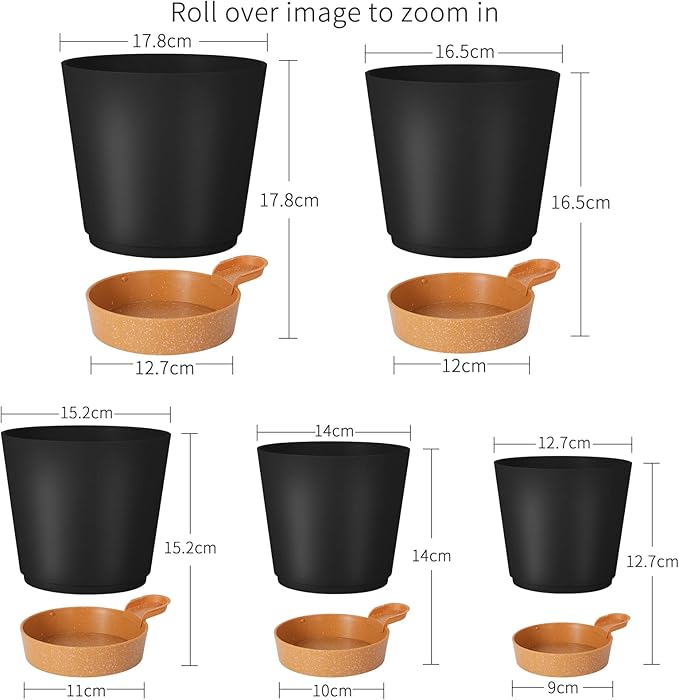 GARDIFE Plant Pots 7/6.5/6/5.5/5 Inch Self Watering Planters with Drainage Hole, Plastic Flower Pots, Nursery Planting Pot for All House Plants, African Violet, Flowers, and Cactus,Black