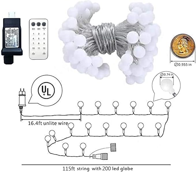 Globe String Lights 115 Feet 200 LED,Plug in Fairy String Lights with Remote Timer Extendable, 11 Modes Indoor Outdoor Color Changing Lights for Wedding Bedroom Classroom Patio Garden