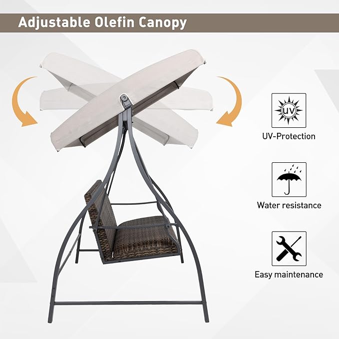 BPS 3 Seat Outdoor Porch Swing with Adjustable Canopy, PE Wicker Patio Swing Chair with Quick-Drying Foam Seat, 882 LBS Capacity, Proch Swings for Deck, Backyard, and Lawn, Khaki