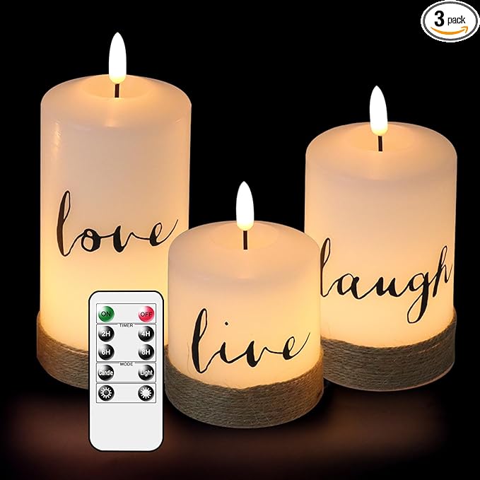 Battery Operated Flameless Flickering Candles with Remote Timer, LED Real Wax Pillar Candlesticks with Realistic 3D Wick, Set of 3 Live Laugh Love Home Decor(D3xH4 5" 6")