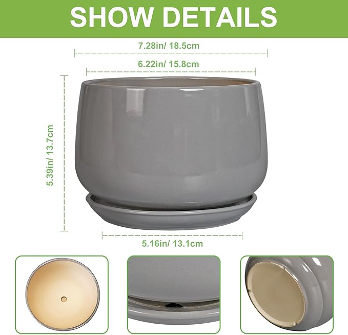 G EPGardening Modern Ceramic Planter - 7 Inch Round Modern Plant Pot Indoor with Drainage and Ceramic Tray Indoor Outdoor for Flower, Vanity Decor, Birthday Gifts, Grey