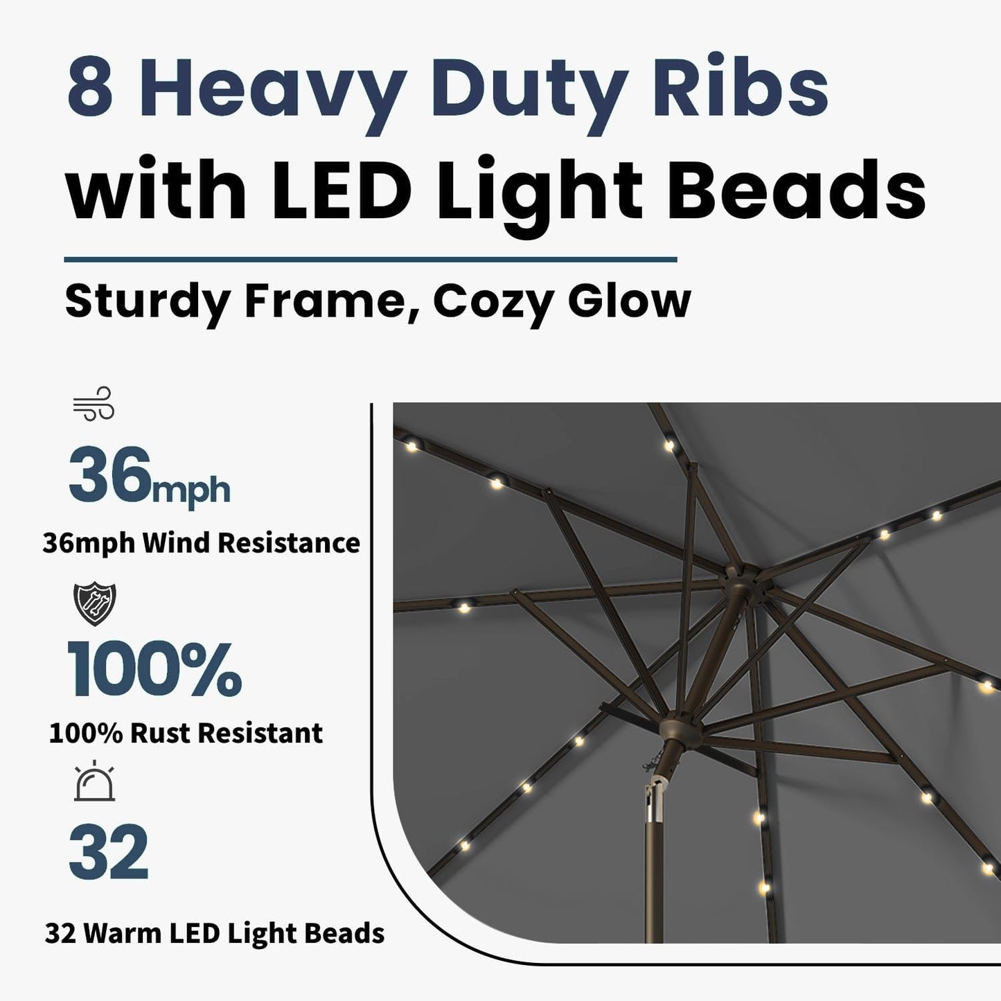 9FT Solar Umbrella 32 LED Lighted Patio Umbrella Table Market Umbrella w/Tilt and Crank, UV-Resistant Outdoor Umbrella for Pool, Garden, Deck, Gray