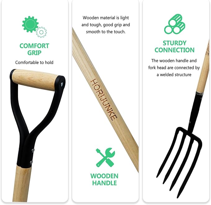 Garden Fork,4-Tine Pitchfork,Spading Digging Fork,Forged Steel Y-Grip, Wood Handle,45Inch