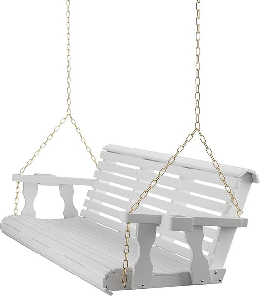 Amish Casual 6 Foot Roll Back Porch Swing with Cup Holders in Semi-Solid White Stain - Amish Made in The USA from Treated Pine Heavy Duty 700 Lb. Weight Capacity