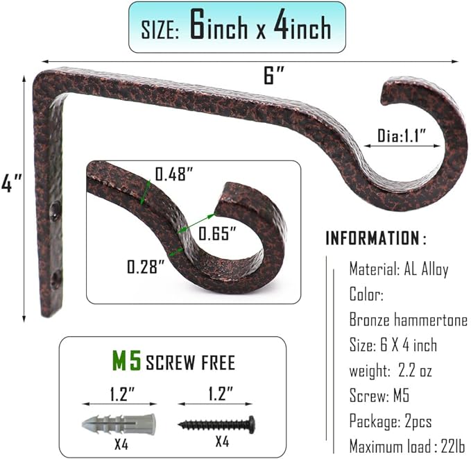 Hanging Plant Bracket 6inch Metal Plant Hook Shepherds Hook Decorative Wall Plant Hanger for Hanging Lanterns, Bird Feeder, Flower Basket Indoor & Outdoor (2, Bronze hammertone)