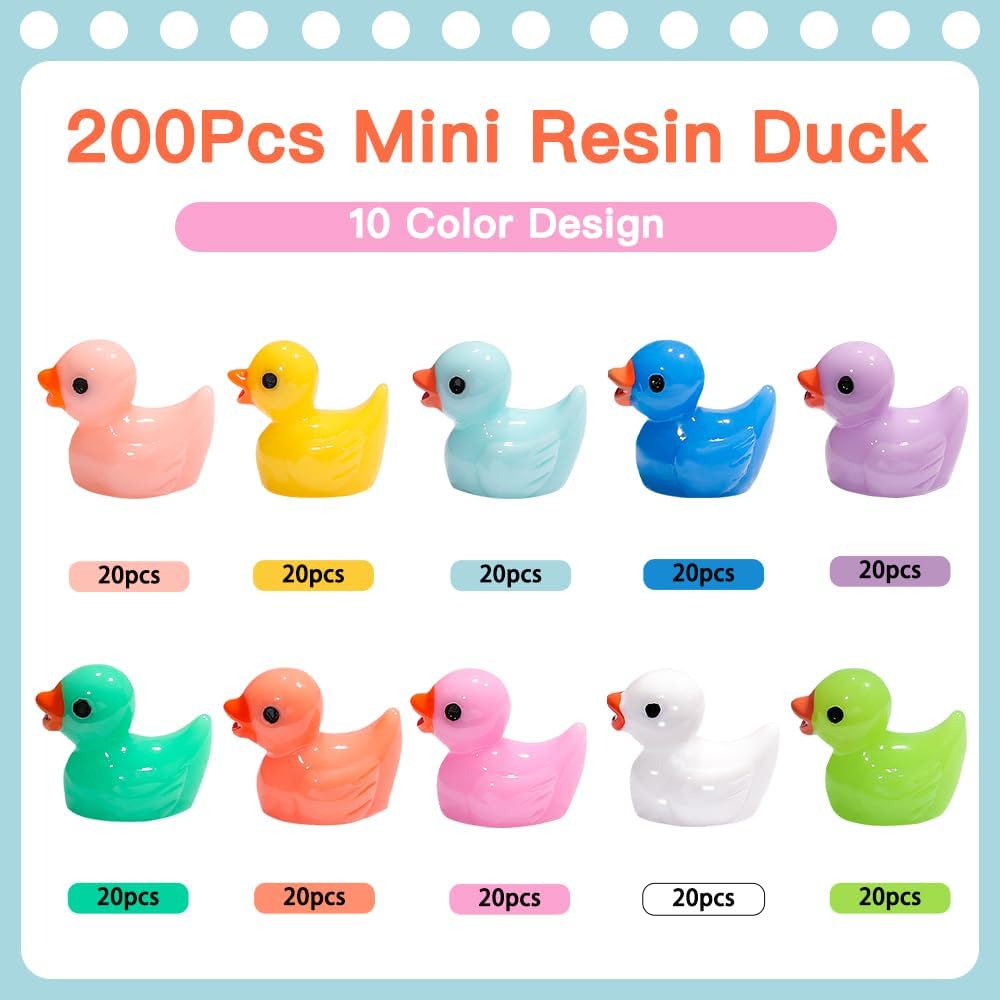200pcs Tiny Ducks 10 Colors Little Duck Figures Mini Resin Ducks Plastic Small Miniature Ducks Bulk for Dollhouse Decor Micro Fairy Garden Landscape Aquarium Tiny Toys