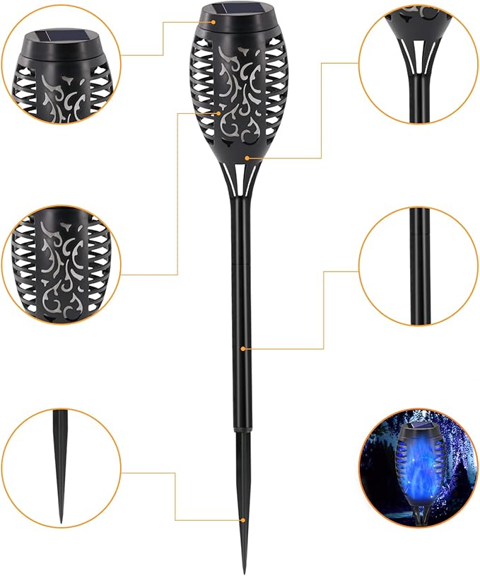 Blue Solar Lights, Halloween Decorations Outdoor 8 Pack Solar Torch Lights with Flickering Flame, 12 LED Mini Tiki Torches Waterproof for Landscape Pathway Dusk to Dawn Auto On/Off