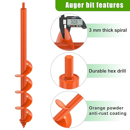 Auger Drill Bit for Planting 3 x 24'', Threaded Garden Auger Post Hole Digger, Spiral Drill Earth Dirt Augers for Bulb, Vegetables, Fence Posts and Umbrella Holes, Fits in 3/8” Drill Chuck