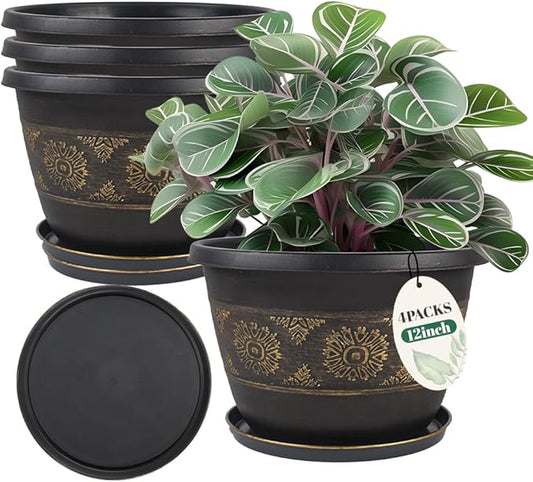 4 Pack 12 inch Plant Pots, Retro Pattern Planters with Drainage Holes and Saucer, Sturdy Plastic Garden Flower Pots for Indoor & Outdoor Plants