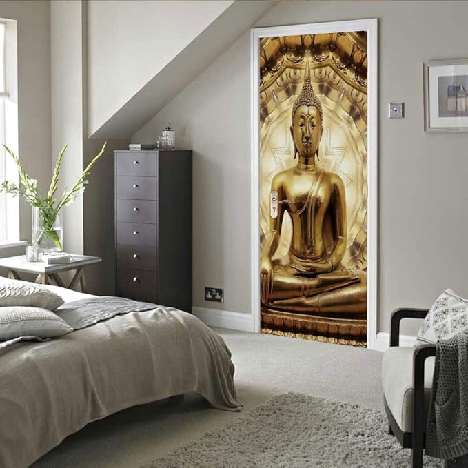 3D Door Stickers - Buddha Statue Murals - Peel & Stick Wallpaper - Self-Adhesive Decals - Removable PVC Waterproof - Bedroom & Living Room - 37.4" x 78.7"