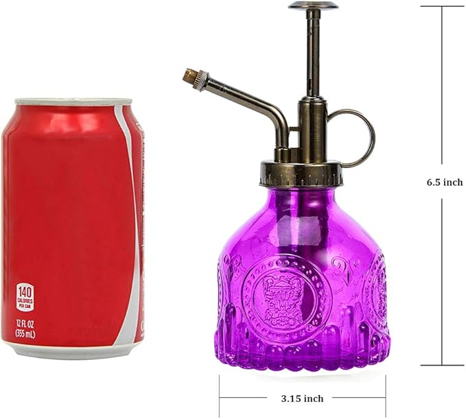 Glass Plant Mister Spray Bottle, 6.5" Tall Vintage Plant Spritzer Watering Can, Succulent Watering Bottle with Top Pump, Small Plant Sprayer Mister for Indoor Outdoor House Plant - Purple