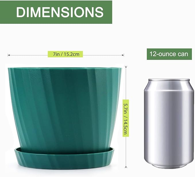 7 Inch Plant Pots Bulk, 6 Pack Plastic Planters with Drainage Holes and Saucers for Indoor Outdoor House Plants and Flowers, Green