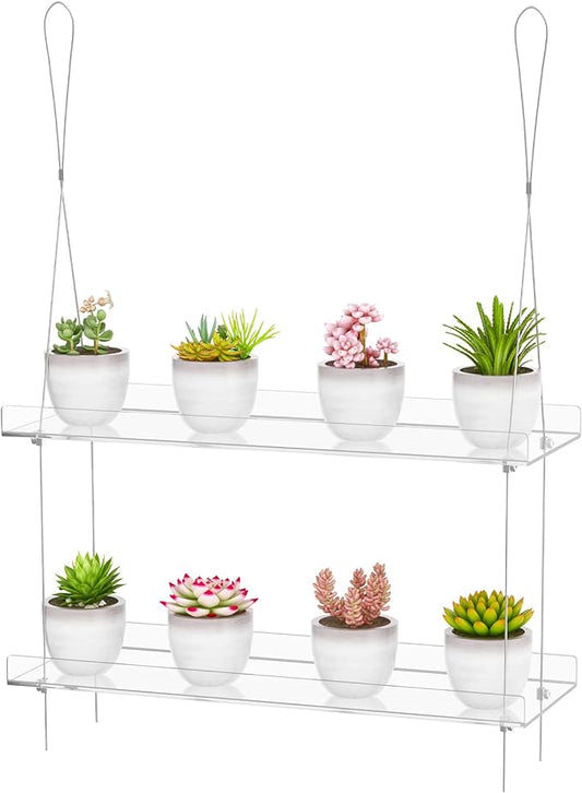 2-Tier Clear Hanging Window Plant Shelves 16inch,Indoor Windows Wall Hanging Plant Stand Flower Display,Flower Pot Organizer Storage for Window Grow Herbs,Microgreens,Succulents,Flower