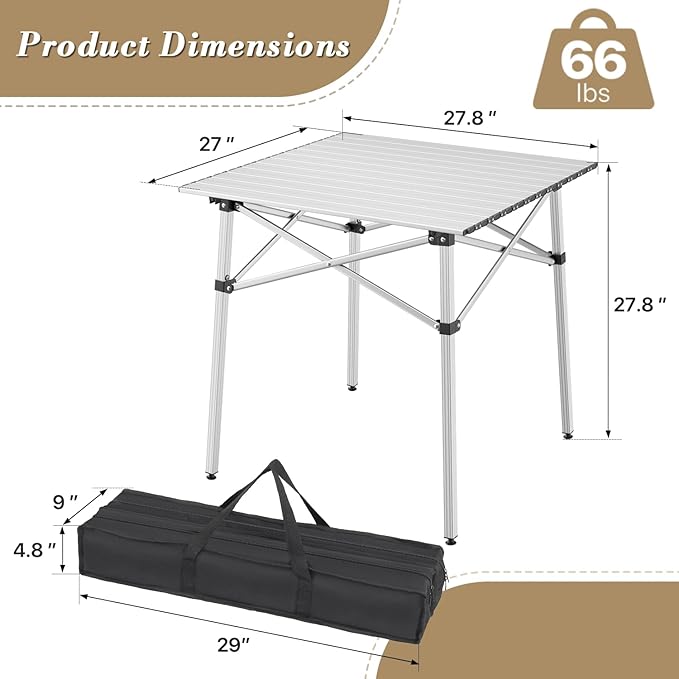 Athena Collection Foldable Camping Table, 28" Small Aluminum Outdoor Folding Camp Table with Roll Up Tabletop and Carry Bag, Lightweight and Portable for Outdoor Camping Picnic Grilling, Silver