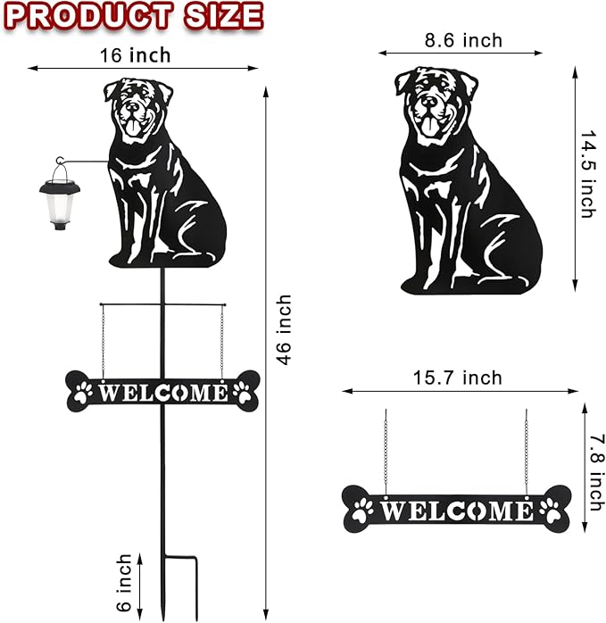 BAYN Solar Rottweiler Silhouette Dog Breed Welcome Sign with a Lantern Outdoor Decorative Garden Stakes for Yard, Lawn, Patio, Pathway