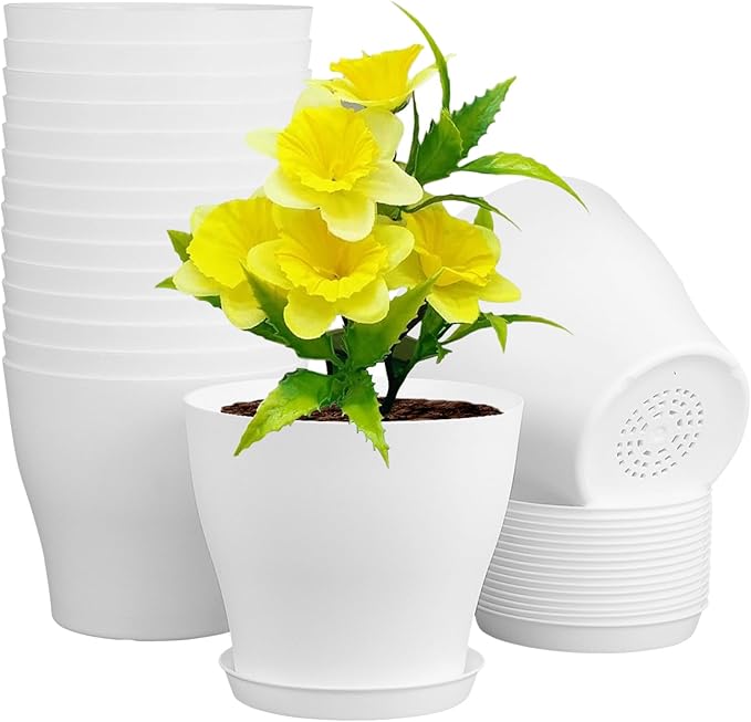 6 inch Plastic Nursery Pots, Seedling Pots, 16 Pack Plant Pots for Small Indoor Outdoor Plants, Flower Pots with Drainage Holes and Saucers, Decorative Planters for House Plants, White