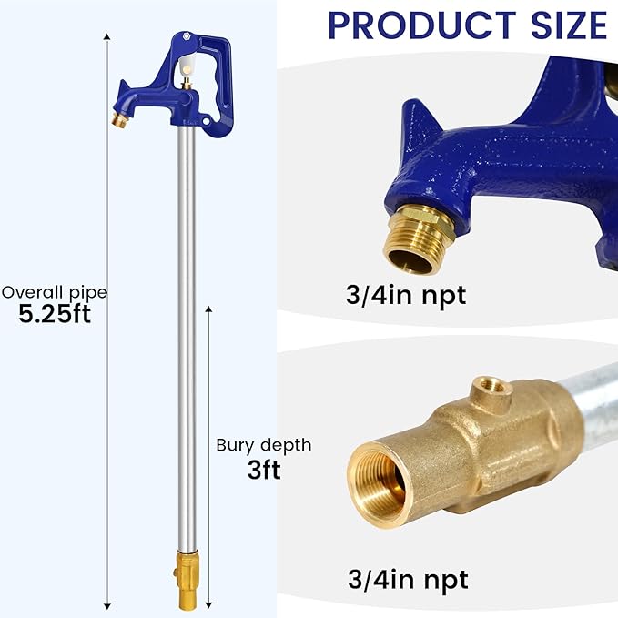5.25FT Frost-Free Yard Hydrant, Freezeless Frost Proof Hydrant,Total Length 5.25ft, 36" Bury Depth,Water Hydrant 3/4" Pipe Connection,for Yard,Garden,Pasture Irrigation and Drinking