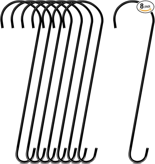 8 Pack 24 Inch Large Tree Branch Hooks Long S Hooks for Hanging Plants, Bird Feeder Hook for Tree, Metal Garden Hooks for Hanging Baskets, Plants, Lanterns Outdoor and Indoor Uses (Black)