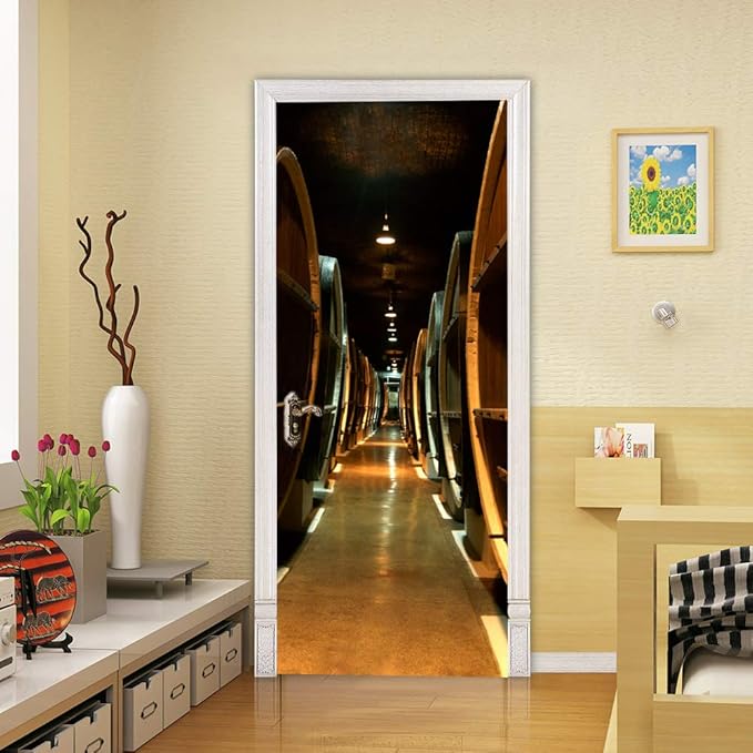 3D Door Stickers Murals Peel and Stick - Wine Cellar - Door Wallpaper Self-Adhesive Door Decals Removable PVC Waterproof Door Poster for Bedroom Living Room Door Wall Decoration 30.3 x 78.7 inch