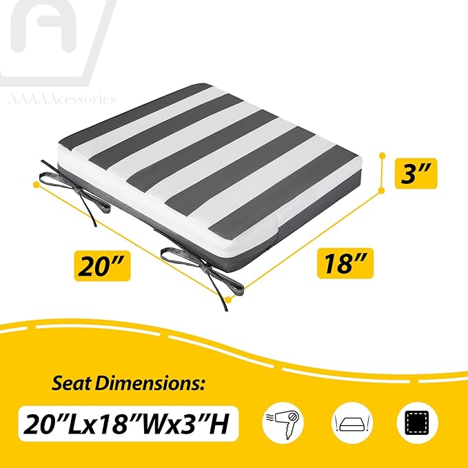 AAAAAcessories Outdoor Seat Cushions for Chairs, Waterproof, Fade-Resistant Patio Furniture Replacement Cushions, 20" x 18" x 3", Set of 2, Gray Cabana Stripe