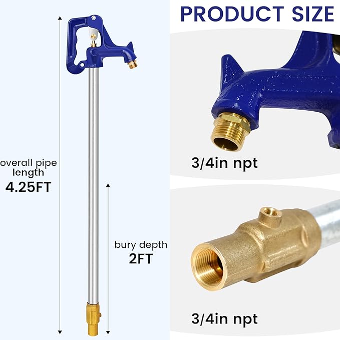 4.25FT Frost-Free Yard Hydrant, Freezeless Frost Proof Hydrant,Water Hydrant 3/4" Pipe Connection,Total Length 4.25ft, 24" Bury Depth,for Yard,Garden,Pasture Irrigation and Drinking