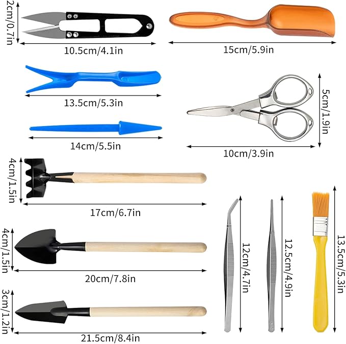 Andiker Mini Garden Tool Set, 12pcs Portable Gardening Hand Tools Set, Multiple Miniature Succulent Tools Set Easy to Carry for Seedlings, Bonsai, Succulents, Terrariums and Planting