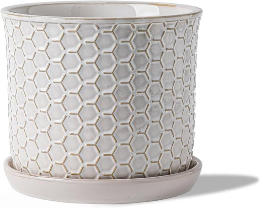 5.8 Inch Plant Pot: Ceramic Planter with Drainage Hole & Saucer - Flowerpot for Indoor & Outdoor Plants with Separate Tray for Home & Office - Honeycomb Design, Cream White