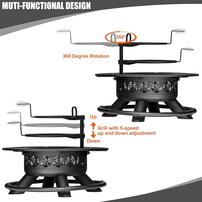 47 Inch Outdoor Fire Pit with 2 Grills, Extra Large BBQ Firepits for Outside, Metal Round Fire pits with Lid&Fire Poker,3 in 1 Wood Burning Outdoor Fireplaces for Backyard,Patio,Bonfire