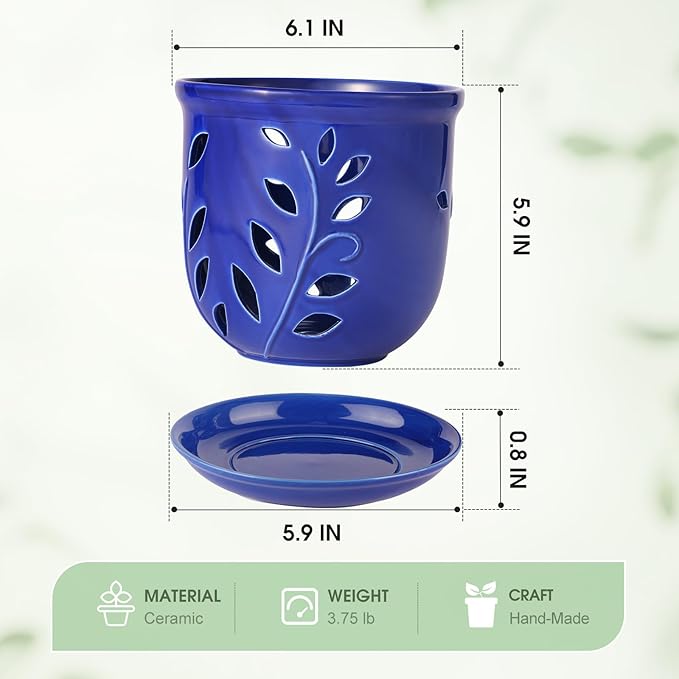 6.1 in Ceramic Orchid Pot with Holes & Saucers, Large Orchid Planter for Indoor Outdoor Home Decor, Flower Plant Pot with Drainage for Repotting, Blue