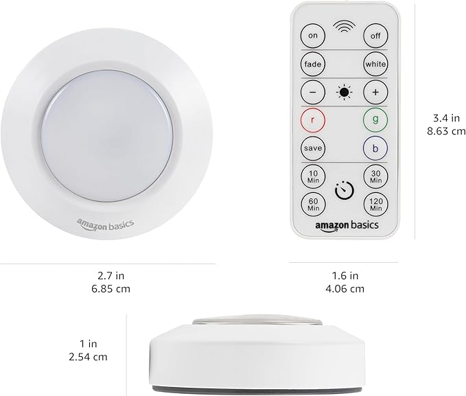 Amazon Basics LED Puck Lights, Color Changing, Battery Operated, IR Remote, 40 Lumens, 2 Pack, Wireless Stick on Lights, Under Cabinet Lighting, Ideal for Closets, and More, White