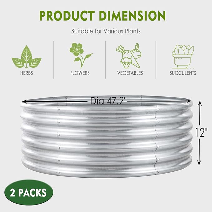 FORTUNO 2 Pack 4 Ft Round Galvanized Raised Garden Bed Kit Box 48 Inches Metal Outdoor Flower Bed Steel Patio Ground Planter for Planting Vegetables and Herb, Silver